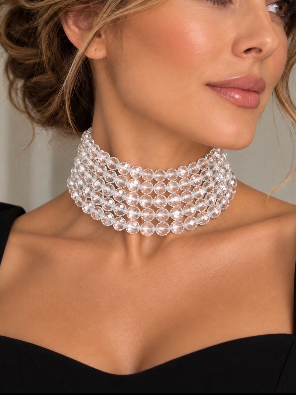 Clear Crystal Bead Multi-Row Choker Necklace